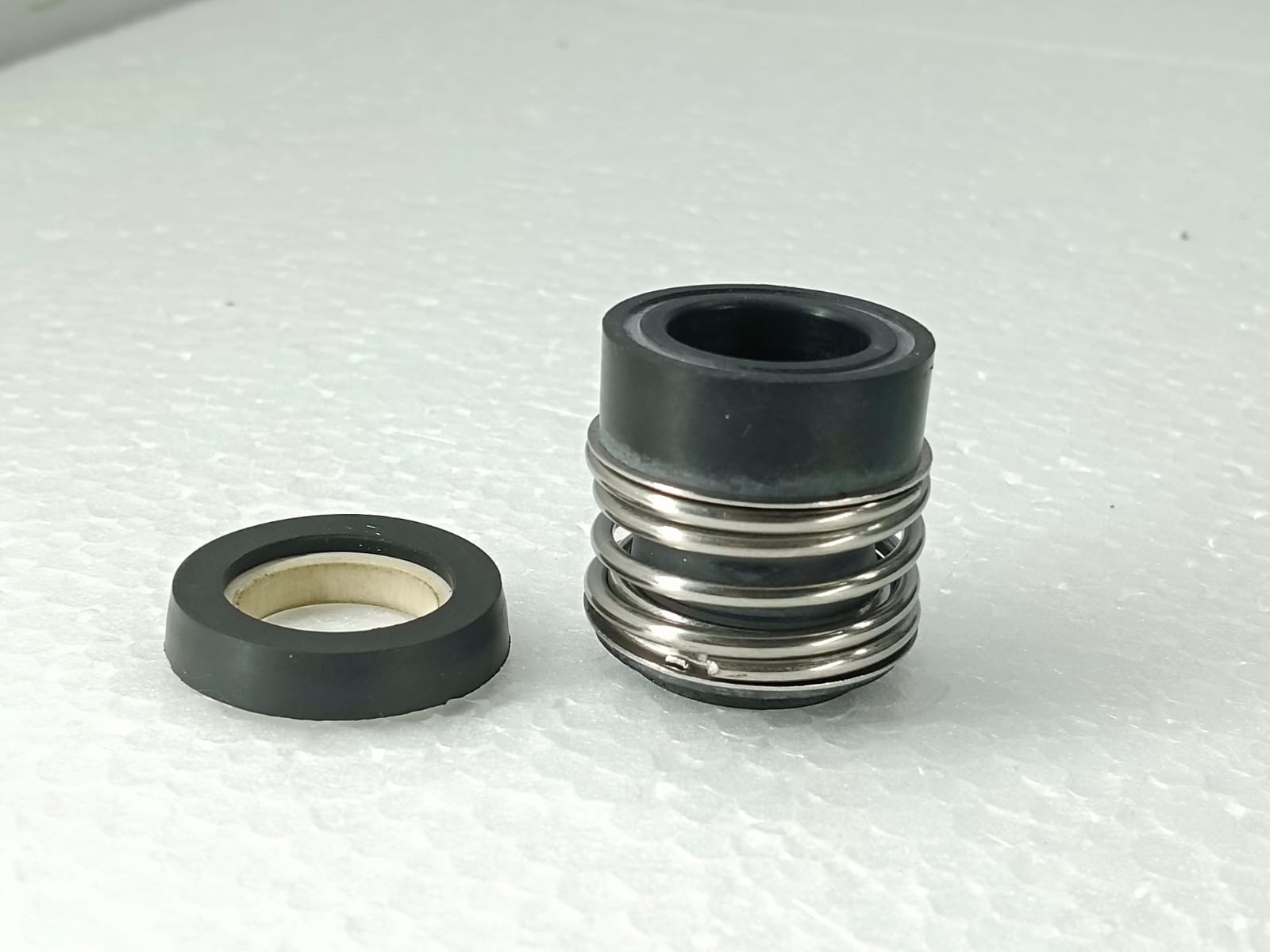 Mechanical seal components on a workbench