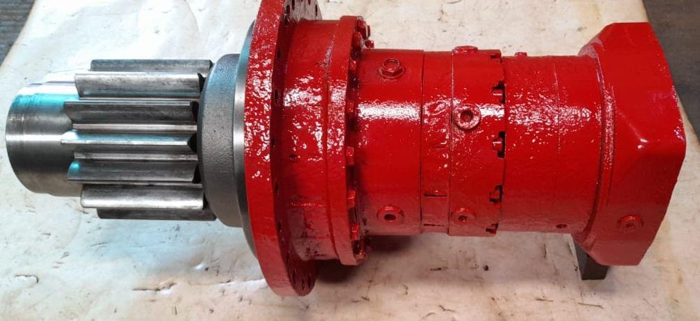 Red industrial gear motor assembly